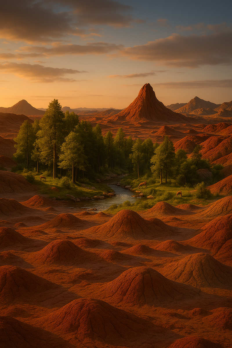 Летний лес и ручеек среди холмов