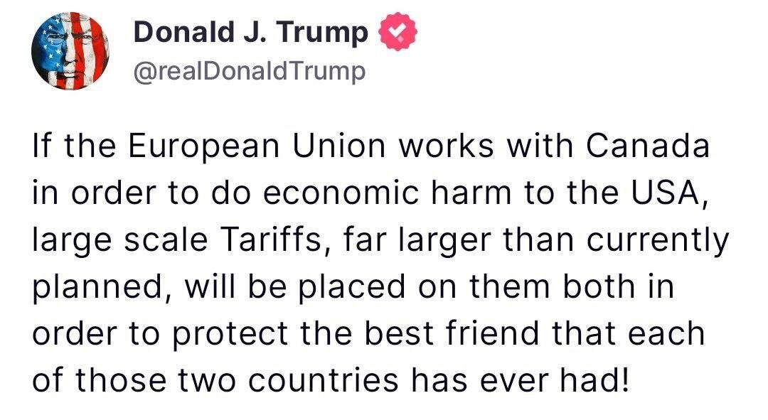    Трамп пригрозил ЕС и Канаде более крупными пошлинами за «дружбу» с целью нанесения экономического вреда США