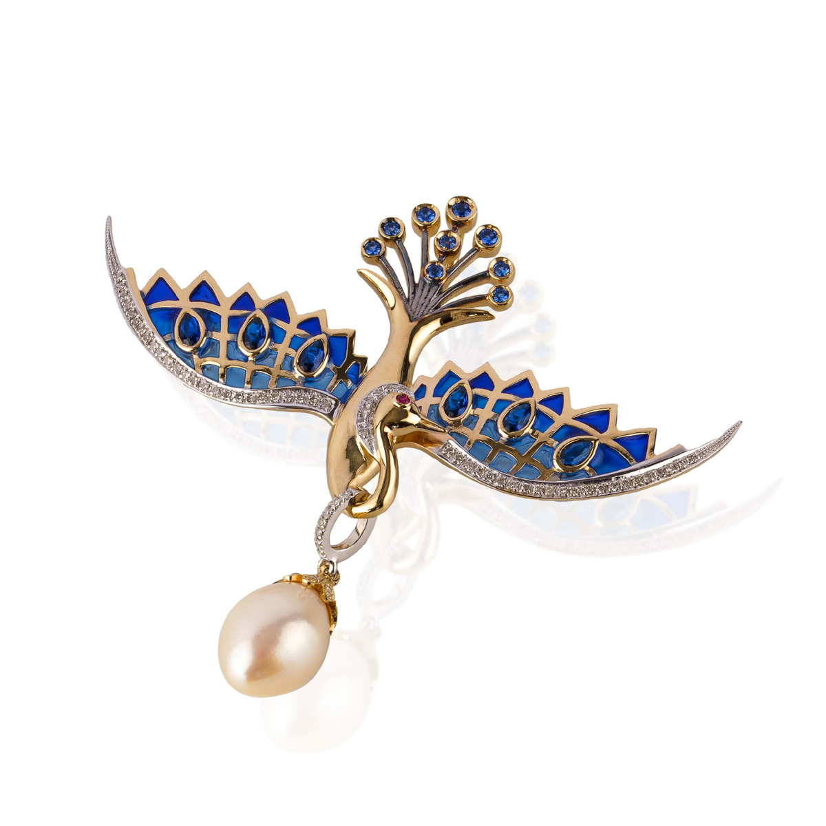 БРОШЬ-КУЛОН ФЕНИКС  "ISHMAR JEWELRY"
ЗОЛОТО 585
Сапфиры 15 шт 0,82 карат 2/2
Бриллианты 80 шт 0,56 карат 3/3 КР 57
Гранат 1 шт
Жемчуг 1 шт
Эмаль витражная