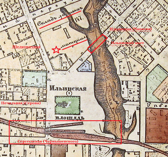 Фрагмент карты г. Саратова 1881 г., в красном прямоугольнике обозначена платформа с двумя тупиками для погрузки-разгрузки товаров  ж /д.  Планный квартал 147 изначально был предназначен для складки леса. Звездой обозначено дворовое место с описываемым домом.Ответвление от Белоглинского оврага назывался Свиным оврагом,туда сливались отходы винокуренного и дрожжевого производства, вода из торговых бань купчихи Пулькиной.Местные поросята обитателей  Белоглинской ул. и Полезного пер. любили там промышлять, ковыряясь в сточных водах. Мост через овраг по Ильинской ул. (Чапаева) назывался Ильинским и всё , что было от него дальше к Волге в народе называли "за Ильинским мостом"….