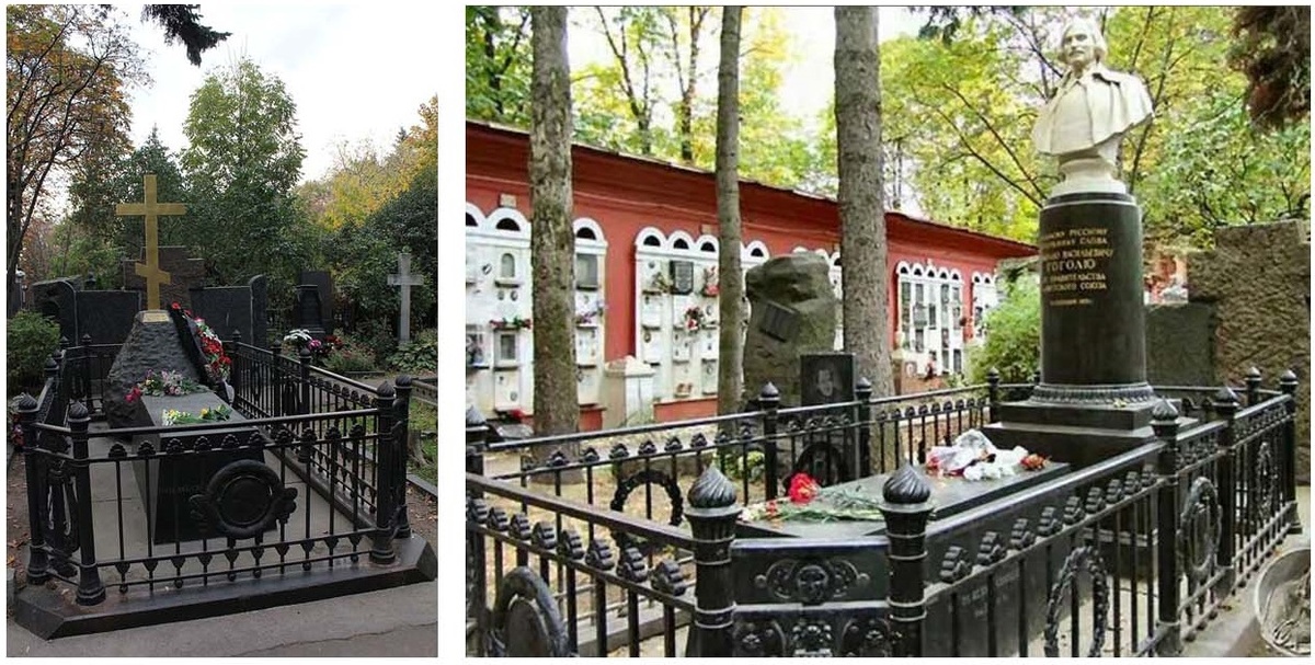 Могилы Гоголя: старая на Свято-Даниловом кладбище, и новая на Новодевичьем.
