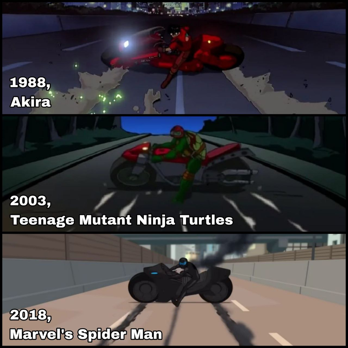 "Акира", 1998 год (оригинальная сцена); "Подростки Мутанты Ниндзя Черепашки", 2003; "Человек-паук", 2018