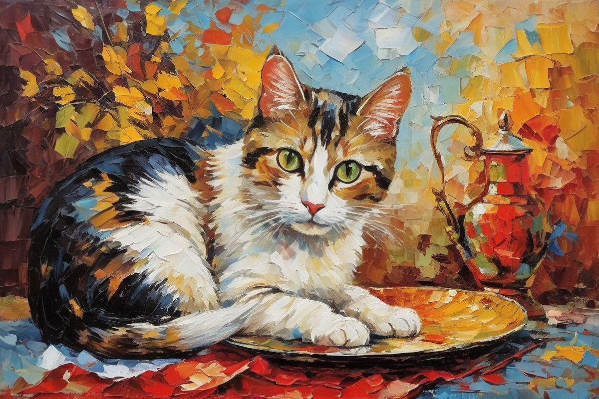 Котик сидит на столе, куда подадут именницу. Генерил ИИ
