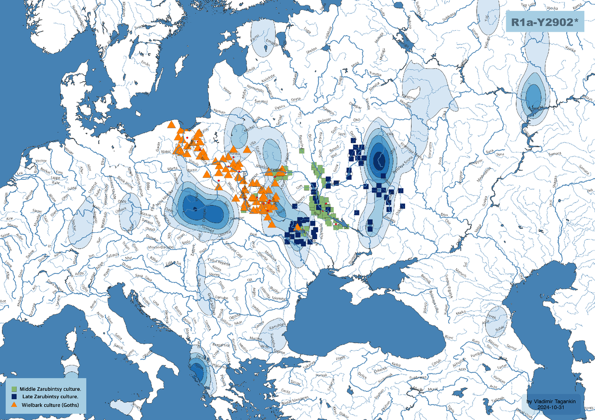 Карта минорных ("древних") подветвей R1a-Y2902* (автор: Владимир Таганкин)