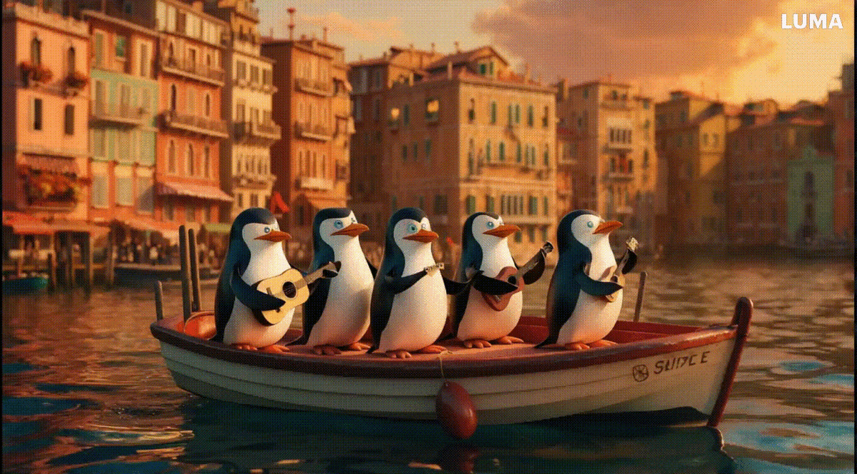 Dream Machine 
Промт: пингвины пишут реп трек на лодке в Италии