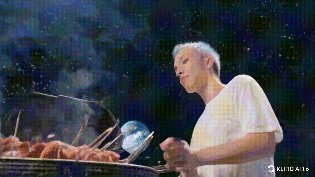KlingAI
Промт: human making barbecue with flamingo on the moon