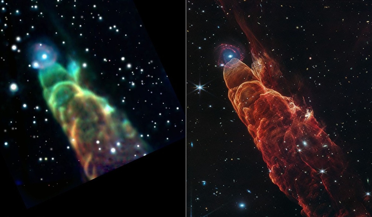 Объект Хербига-Аро 49/50. Изображения, полученные телескопами «Спитцер» (слева) и «Джеймс Уэбб» (справа) (Источник изображения: https://science.nasa.gov/missions/webb/nasas-webb-telescope-unmasks-true-nature-of-the-cosmic-tornado/)