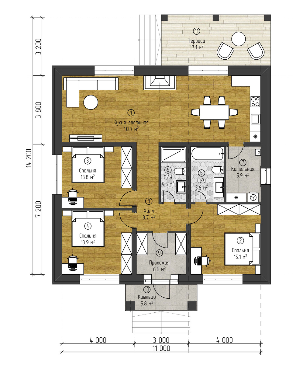 Планировка одноэтажного дома 114м2
