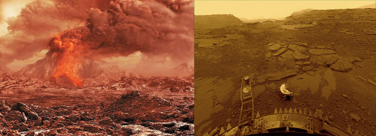 Слева художественная визуализация вулканической активности на Венере, а справа реальный снимок с поверхности, сделанный советским аппаратом «Венера-13».