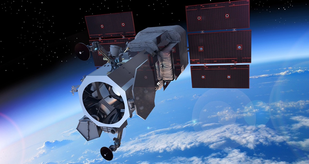 Высокотехнологичный космический аппарат ведёт наблюдение Земли с орбиты.