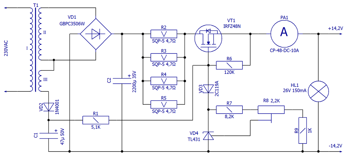 Схема электрическая принципиальная автоматического ЗУ для кислотно-свинцовых батарей