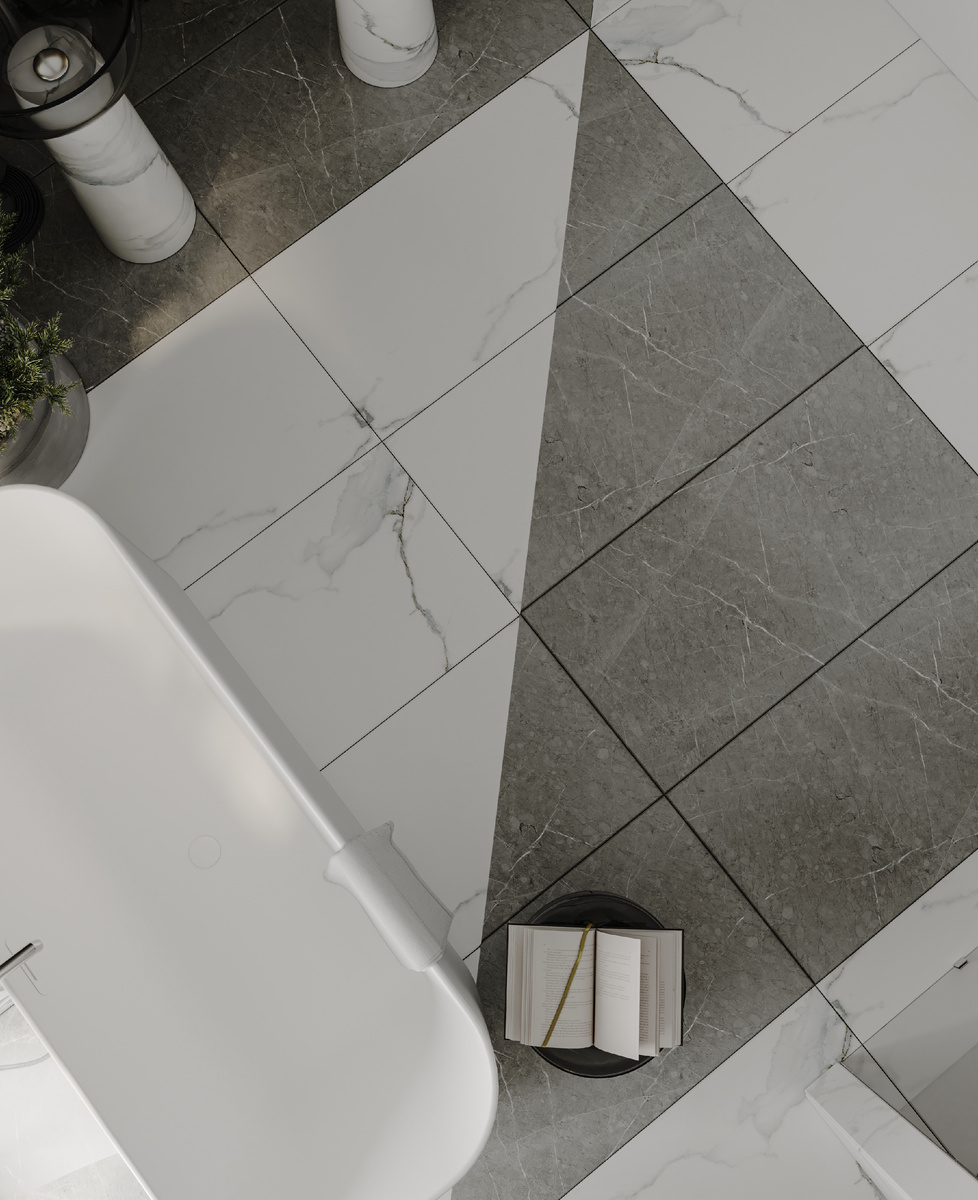 Сочетание коллекции белого мрамора Iceberg и серого мрамора Skala