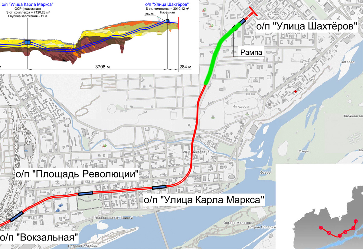     Зеленым показан уже пройденный под землей за 6 месяцев северо-восточный участок Красноярского метротрама