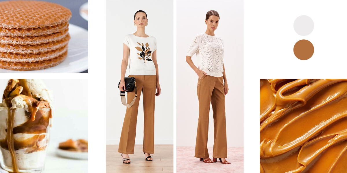 На фото модели из коллекции "Весна-Лето 2025" от NELVA (джемпер арт. 23228, брюки арт. 31142, джемпер арт. 23284)