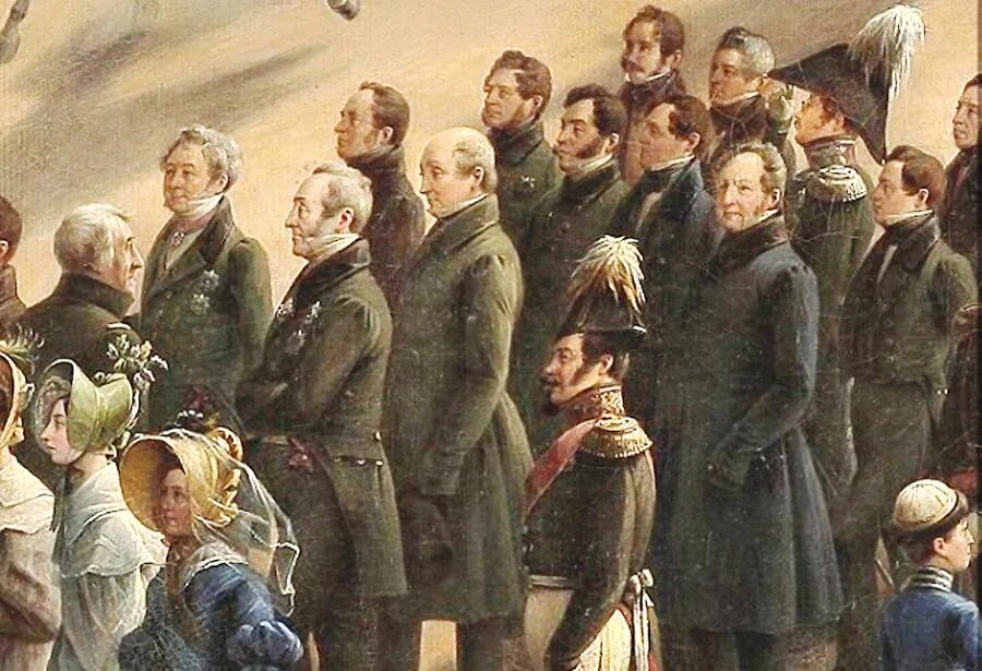 Угадать в одинокой фигуре военного в генеральском мундире бравого гусара трудно. Он изображен на холсте в профиль, а не в анфас, как большинство именитых зрителей парада./Из коллекции Государственного Русского музея/РЕПРОДУКЦИЯ АВТОРА