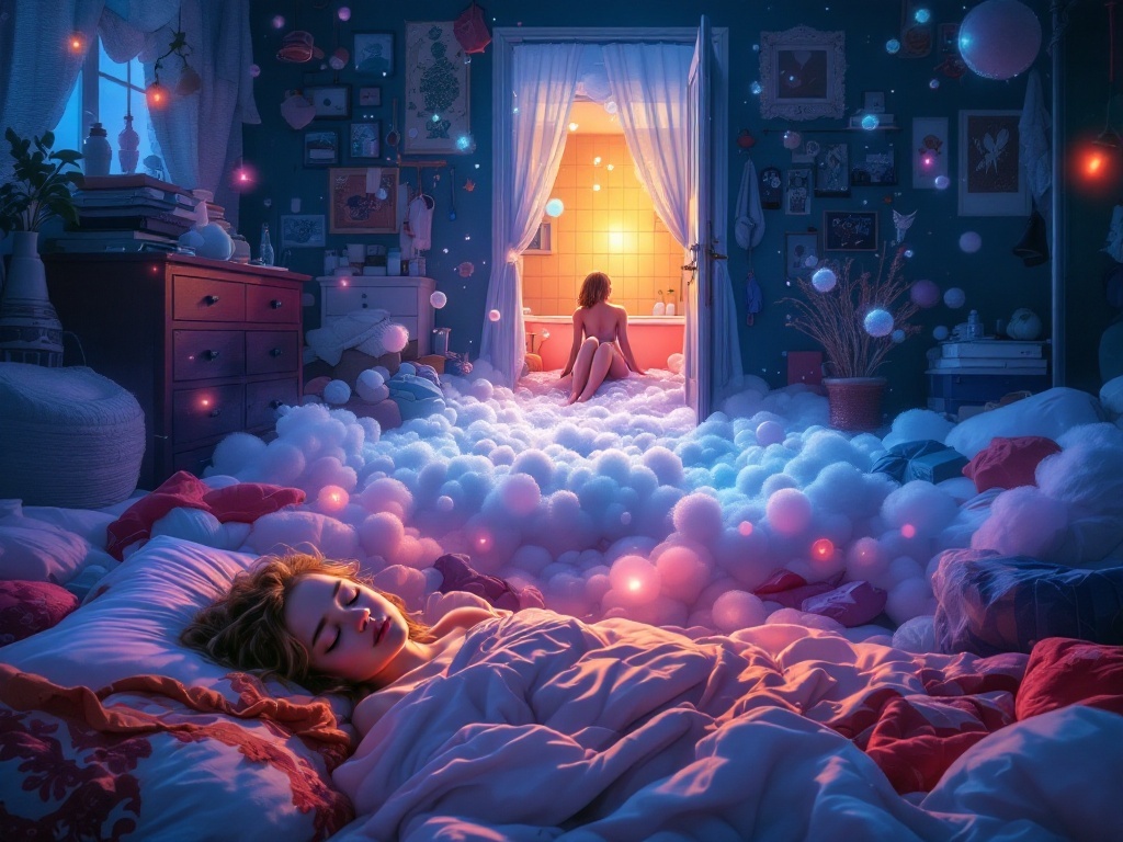    К чему такое снится: На картине изображена комната с разбросанными вещами, ведущая к открытой двери ванной комнаты. В ванной видна мама, сидящая в пене и разговаривающая сама с собой.