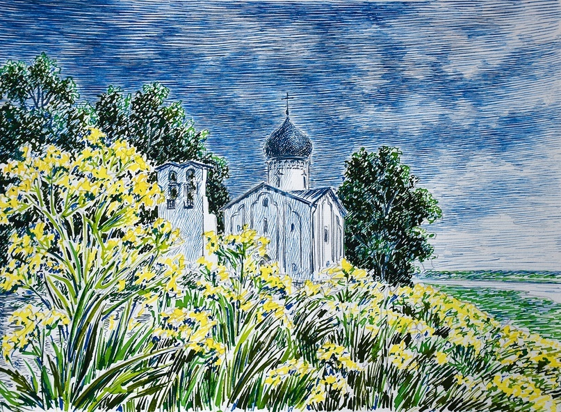 Евгений Ладыгин. Ильинская церковь в Выбутах. Тон. бум., жидкая акварель, тушь. 2019