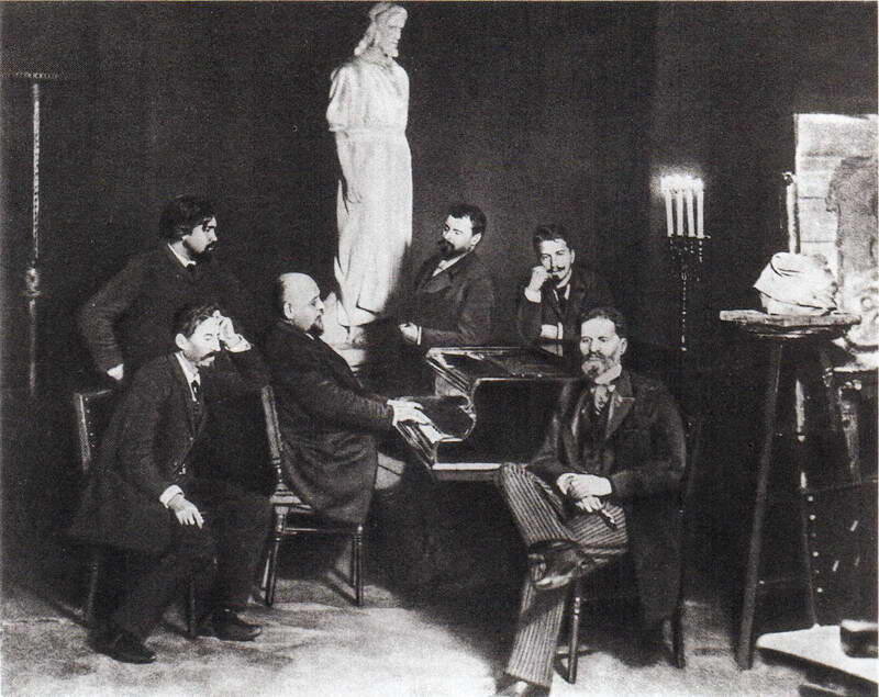 Абрамцевский кружок (слева направо: И.Е. Репин, В.И. Суриков, К.А. Коровин, В.А. Серов, М.М. Антокольский)