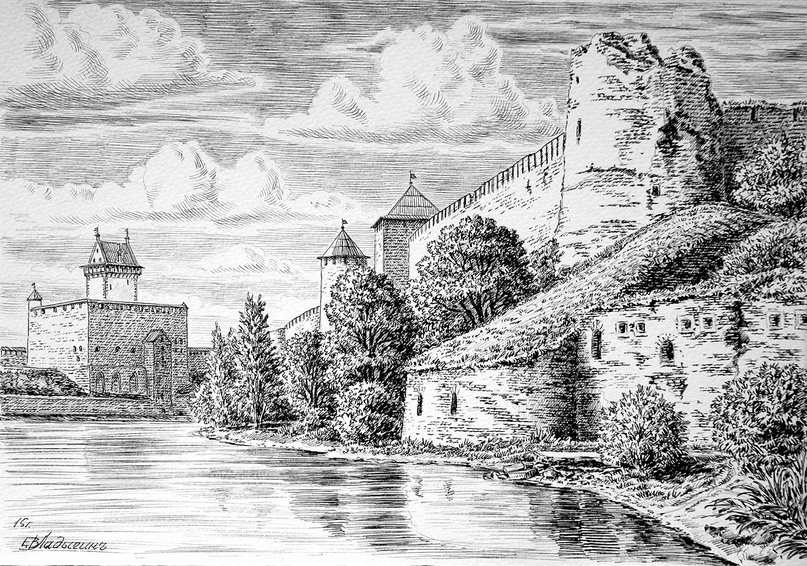 Евгений Ладыгин. Ивангород и замок Германа на дальнем плане. Вид с берега реки Нарва