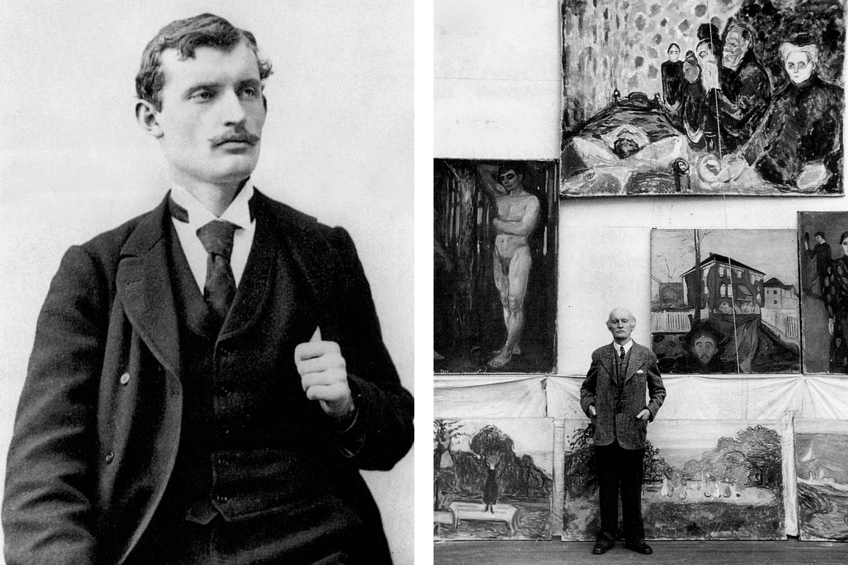    Эдвард Мунк, 1892 год (слева) / Мунк с своими работами, 1938 год