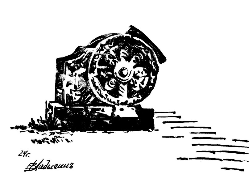 Евгений Ладыгин. Урна-пушка в Мирском замке. Бум., тушь, перо, 20х30. 2024.