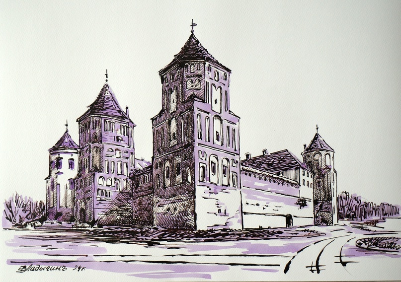 Евгений Ладыгин. Мирский замок. Бум., тушь, перо, 30х40. 2024