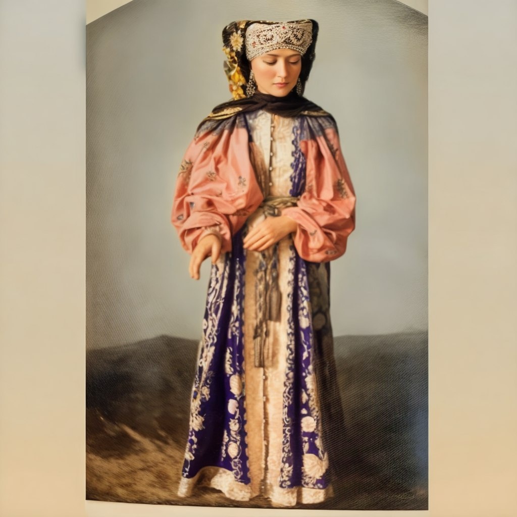 Уральская казачка в традиционном сарафанном костюме. Раскрашенное фото XIX века