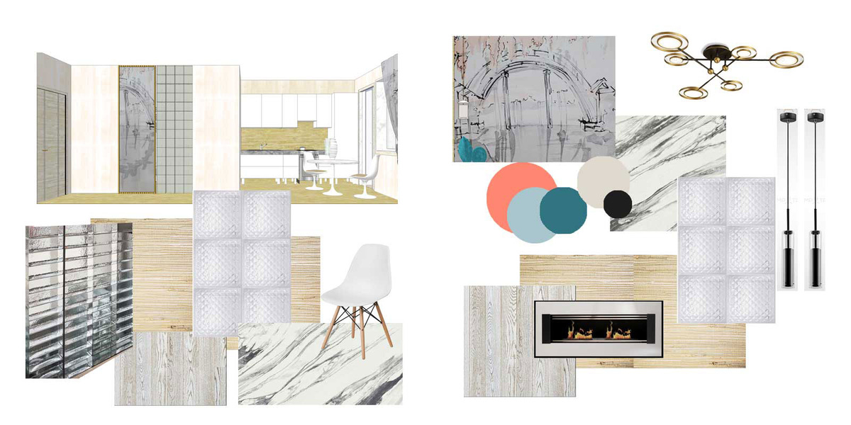 Иллюстрация из архива автора блога: sergeevadesign.ru. Мудборт перед началом работы: фактуры, стеклоблоки, цвет