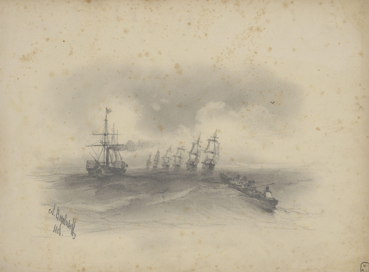 Алексей Петрович Боголюбов (1824—1896)
Парусные суда в море
1856
Бумага, графитный карандаш
НИМ РАХ