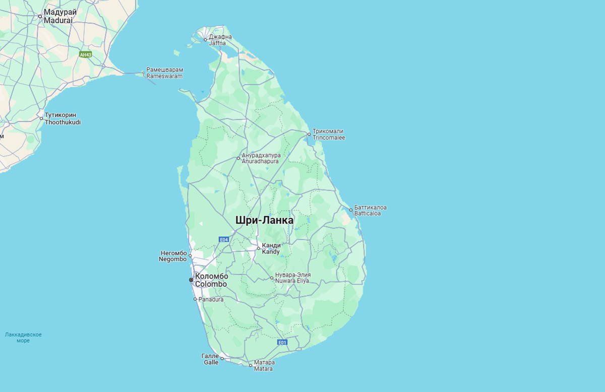 Карта Шри-Ланки. Галле на юго-западе острова.