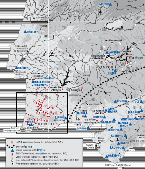 Область, в которой встречаются надписи на тартессийском языке (красные кружочки) 