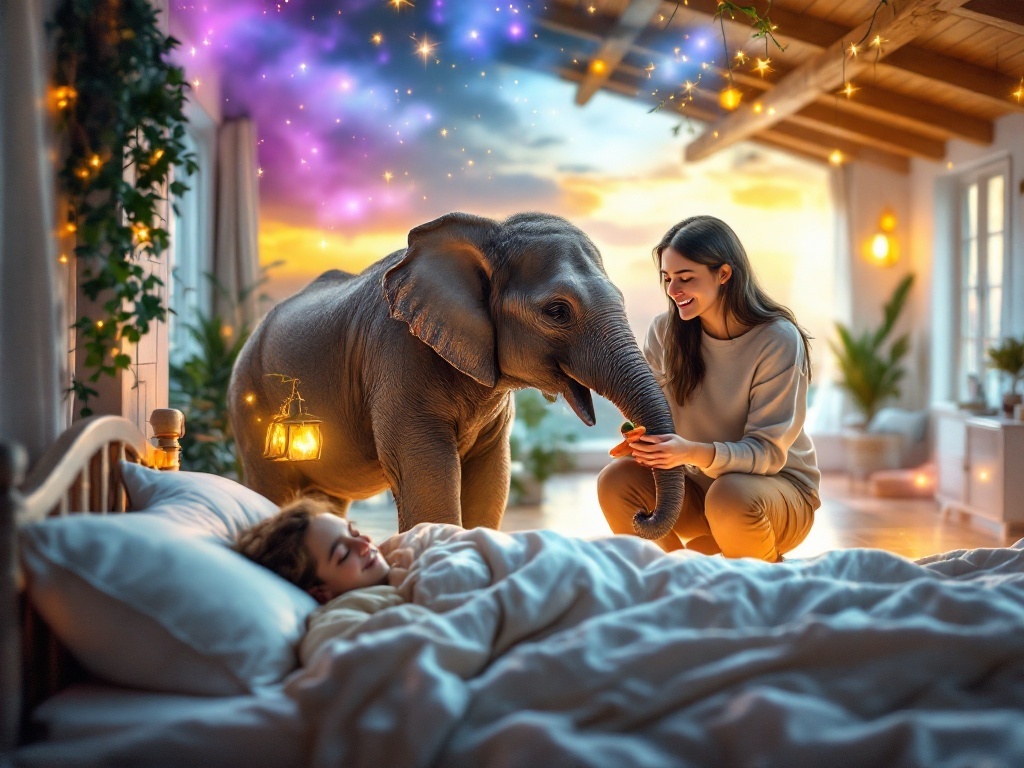    К чему такое снится: На картине изображены женщина и мужчина, играющие и кормящие молодого серого слоненка в светлой просторной комнате с деревянными балками. Женщина улыбаясь стоит рядо