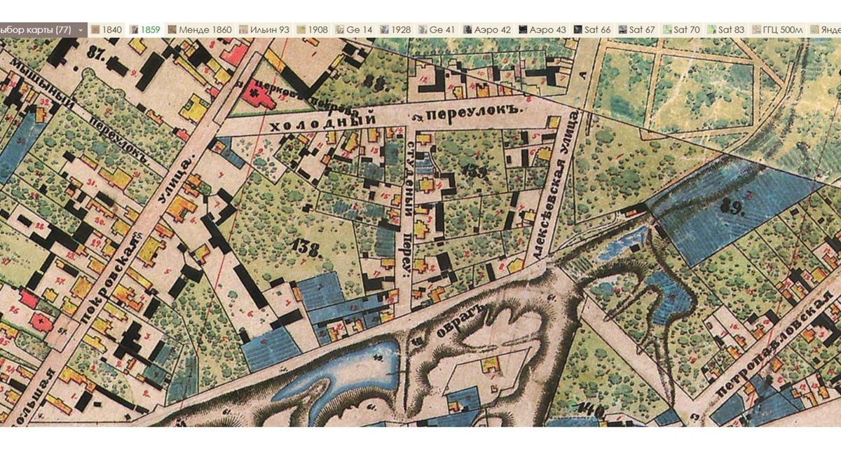 Посмотрите на карту 1859года.  Все узнаваемо. Даже многие дома уже "на месте". Только нет еще улицы Звездинки. Вместо нее большой Ковалихинский овраг и пруд. Источник: https://retromap.ru/141859_z16_56.316309,44.002089