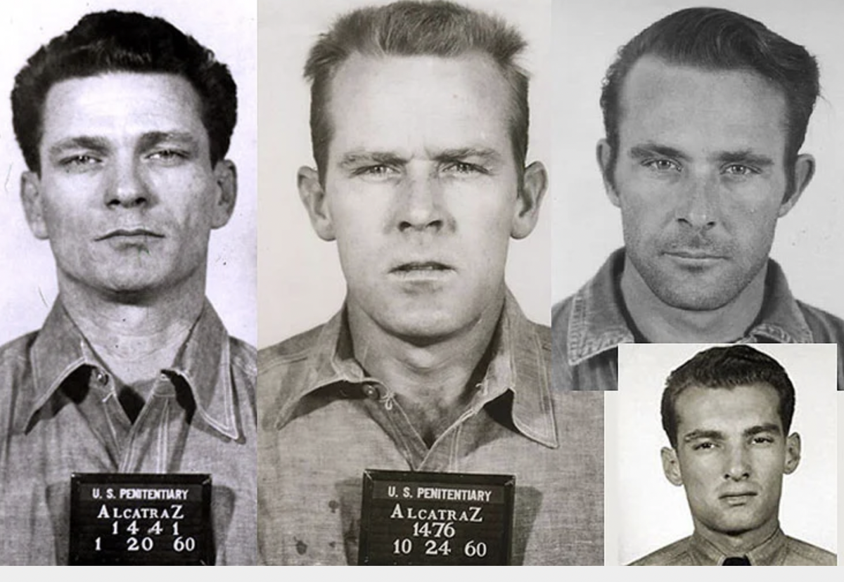 Фрэнк Моррис, в центре: Джон Англин, справа: Кларенс Англин, вставка: Аллен Уэст (которому не удалось сбежать с другими)