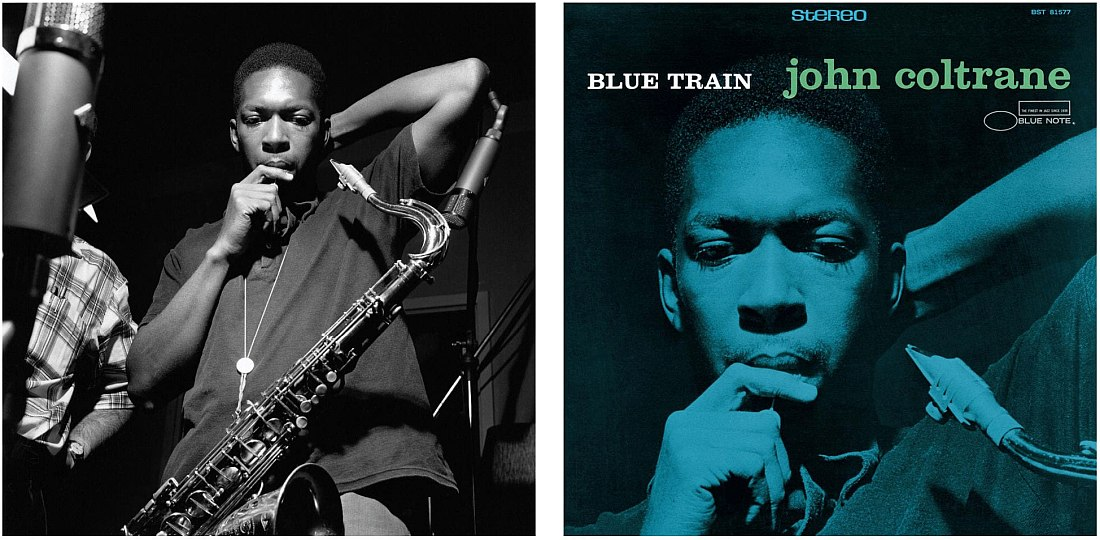 Джон Колтрейн на фотографии Фрэнсиса Вулффа и на обложке альбома «Blue Train» (1957), выполненной дизайнером Ридом Майлзом
