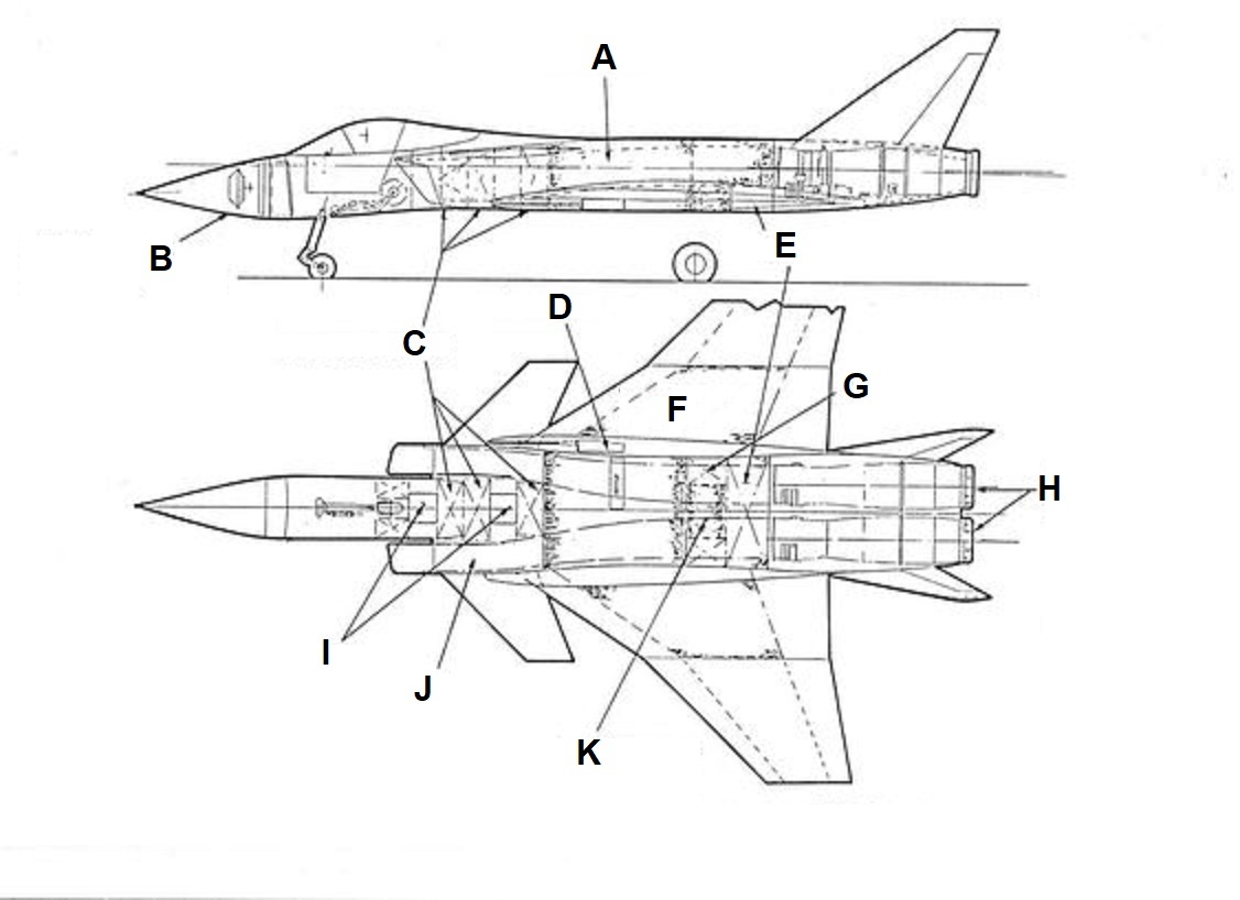 схема проекта многоцелевого истребителя British Aerospace P.110: A) фюзеляжные топливные баки; B) РЛС ПВО и отсек для размещения РЛС; C) отсеки с авиационным электронным оборудованием; D) пушечный отсек; E) отсек вспомогательной силовой установки; F) крыльевой топливный бак; G) отсек гидравлической системы; H) двигатели RB 199-66R; I) доступ к отсеку авионики; J) контейнеры для хранения оборудования(левый и правый); K) топливосборники (левый и правый)