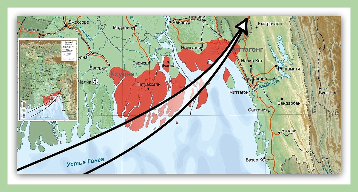 Карта траектории движения циклона Бхола. Территории наиболее пострадавшие от удара стихии выделены красным
