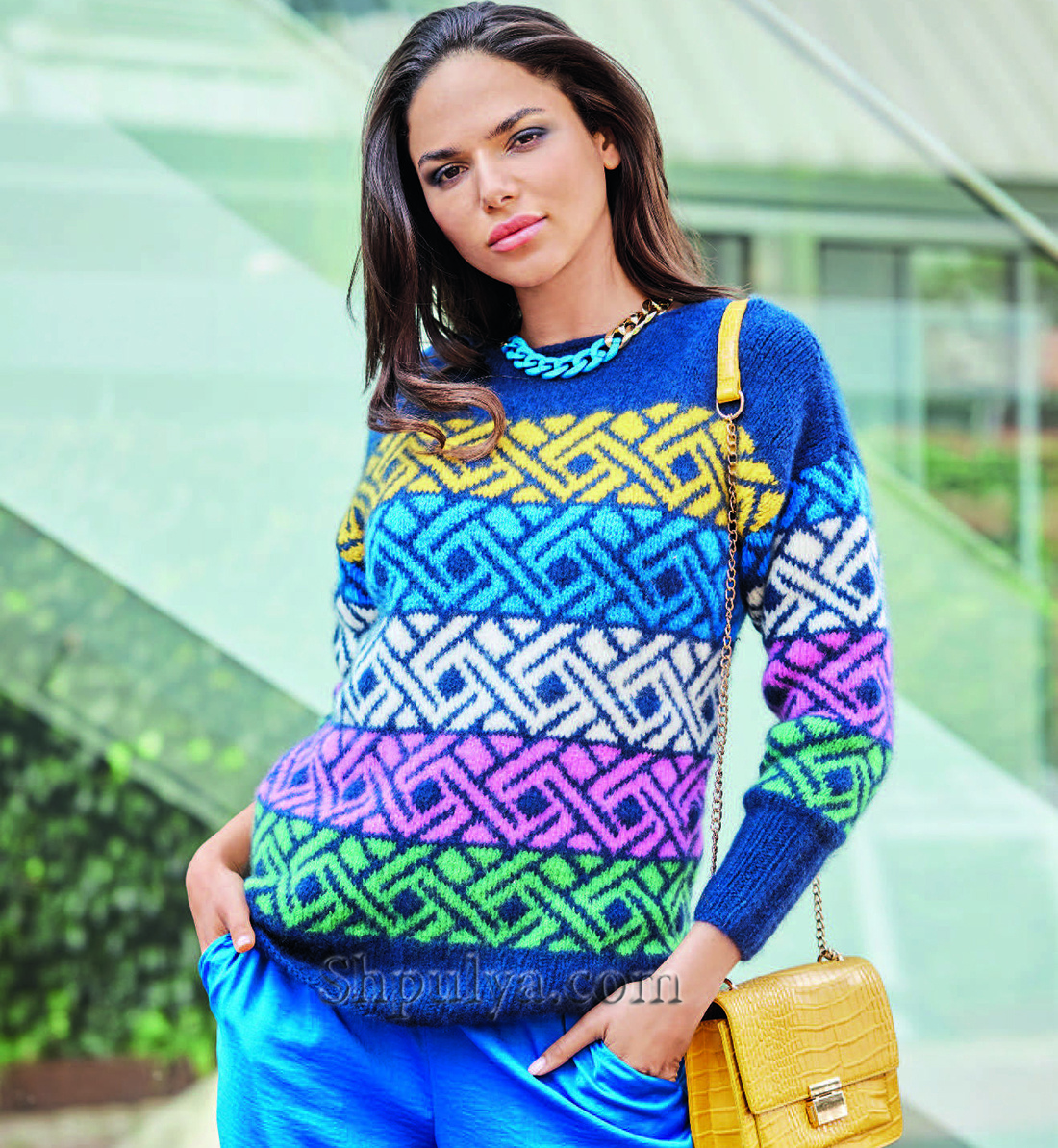 Модный вязаный пуловер с жаккардовым узором