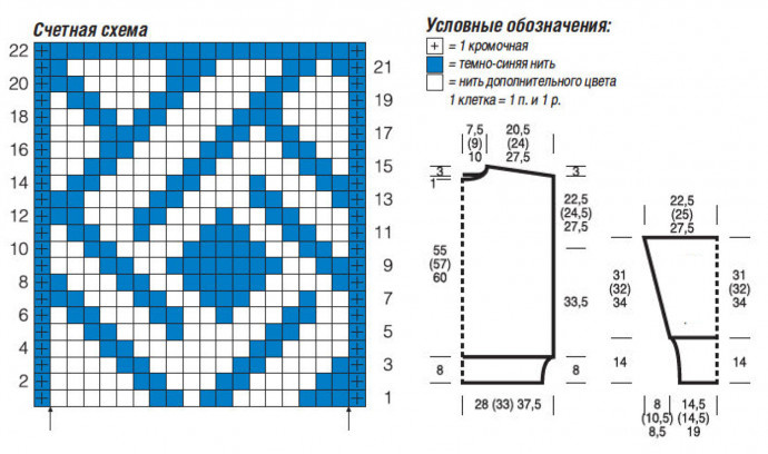 Выкройка и схема вязания жаккардового пуловераспицами
