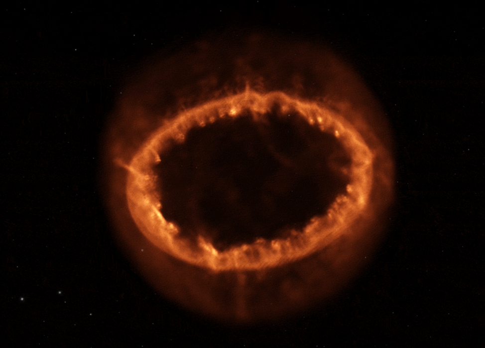 Рис. 2. Научная визуализация, основанная на данных компьютерного моделирования, показывает сверхновую 1987A как светящееся кольцо вещества, которое мы видим сегодня. Симуляция С. Орландо (INAF-Osservatorio Astronomico di Palermo) [1]