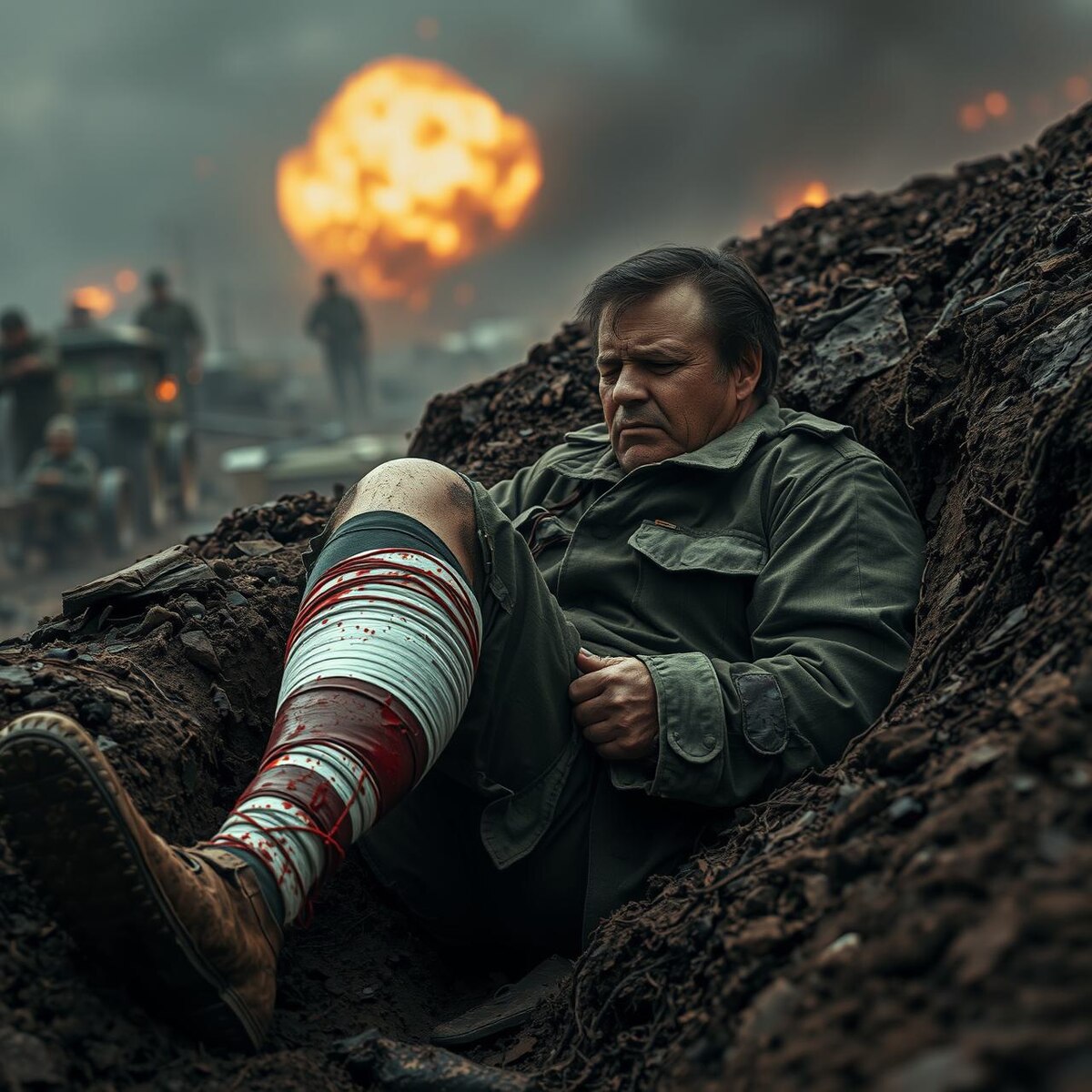 Em Грохочет всё вокруг. В руках солдата
                                                   C
Остался пистолет - нет автомата.
                                     Am                  H7
Сквозь сетку просвистев, осколки мины
                                Am              H7
Добрались до движка его машины.
	Во взводе штурмовом в бою все пали,
А те, кто прикрывал, давно отстали.
И связи нет совсем и нет надежды.
Сочится из ноги кровь под одеждой.
	П-в:
	   Em
В окопах поле всё, и лес посечен.
	   F
Его блиндаж уже врагом замечен.
	       H7
Машина вся горит и брёвна тлеют.
                  Am                               H7
В кармане фотка есть и сердце греет.

Как смог, перевязал свою он рану
И носовой платок взял из кармана.
Разбитый автомат напоминает,
Что жизнь ему он спас, он это знает.
Ведь дома мама ждёт, жена и дети.
За женщин и детей солдат в ответе.
Что б всем жилось  легко  в счастливом мире
Стреляет наш солдат, отнюдь, не в тире.
	П-в:
Не сможет выйти он из окруженья,
И не убрать в ноге осколка жженье.
Спасёт ли кто его? Солдат не знает.
Но знайте, что за нас он погибает!

Мы верим, что придёт ему спасенье.
И выведут его из окруженья.
Он раны залатает очень скоро,
Вернётся вновь на фронт уже матёрый.

Теперь ему в бою поможет опыт.
Со взводом разнесёт врага окопы.
Геройски отомстит за погибавших,
За Родину и правду смело павших.
	П-в:
В воронках поле всё, и лес посечен.
Только теперь в бою тыл обеспечен.
Теперь везде врага мы окружаем.
Победа будет нашей – это знаем!