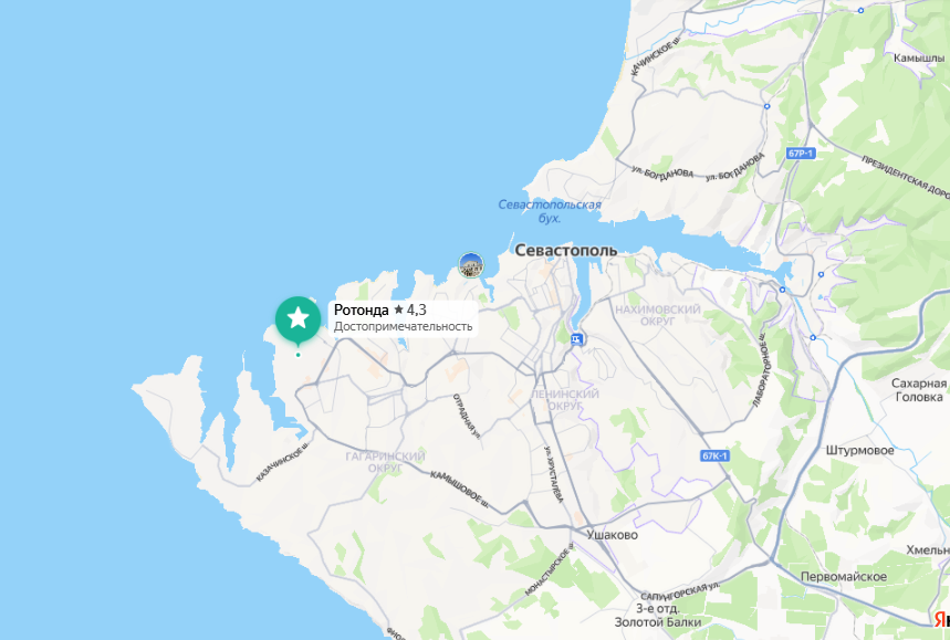 Район находится там, где отмечена достопримечательность «Ротонда», центр города находится рядом с надписью «Севастополь»