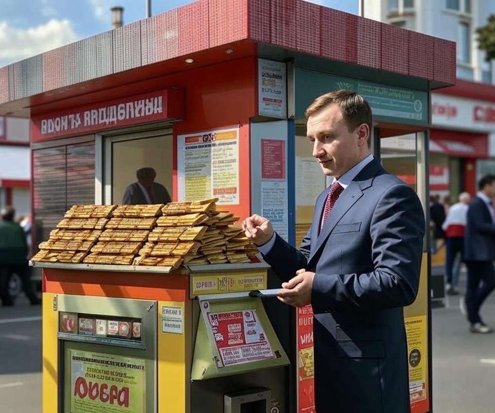 «Добытчик», считающий копейки на фоне ларька 