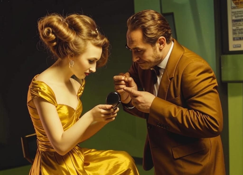 Женщина в золотом платье, разглядывающая доход мужчины через лупу.