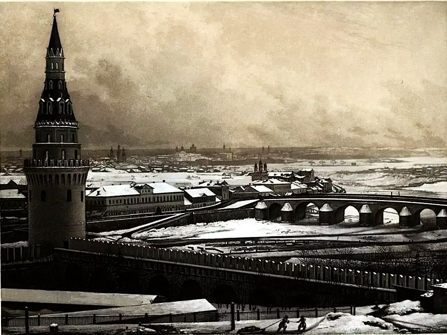 Между прочим, перед вами - самый первый известный дагерротип Москвы... правда, 1842 года. Можно заметить, что на нем запечатлено строительство Большого Кремлевского дворца