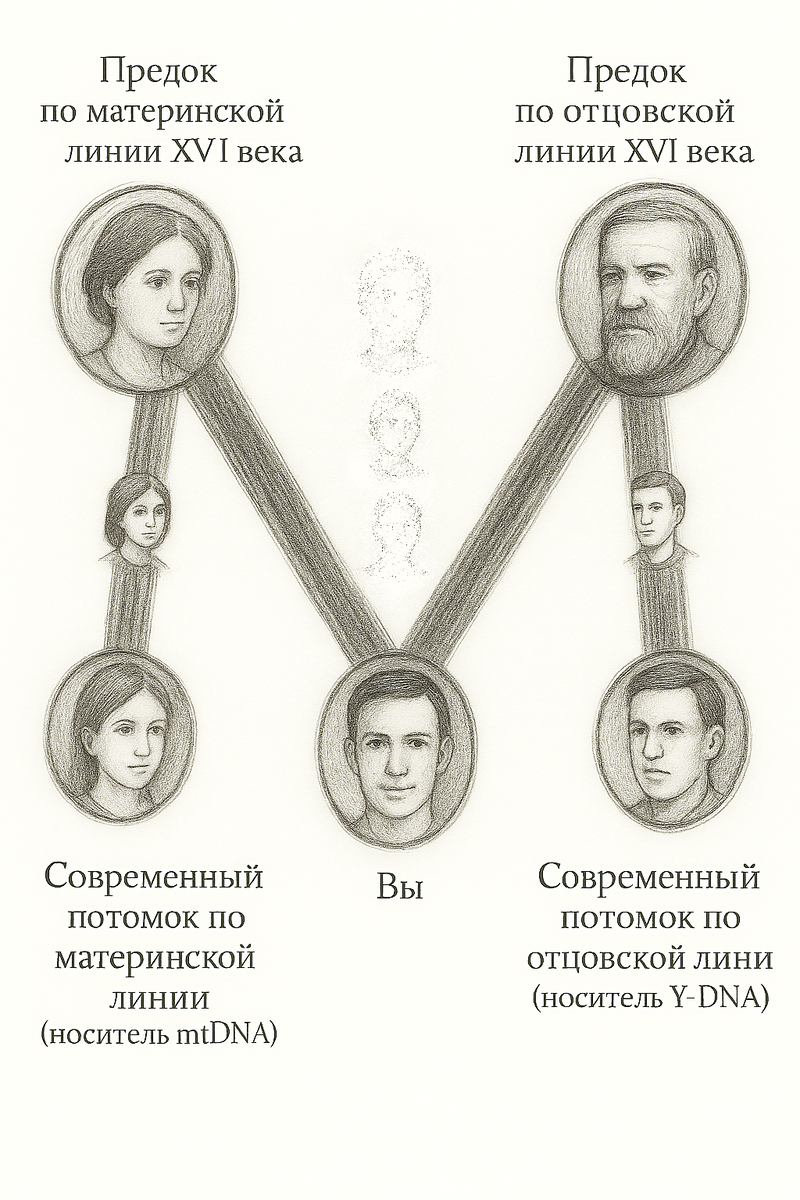 Графическое представление генетического М-анализа родословной. Возраст крайней документально подтвержденной верхней предковой точки по прямым мужской и женской линиям может варьироваться в зависимости от возможностей и ограничений конкретного архивного поиска.