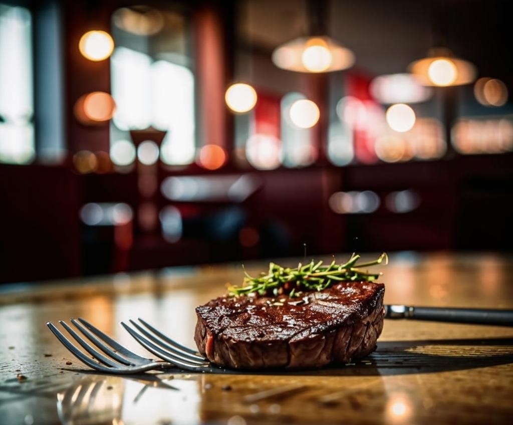 Стейк на фоне размытого интерьера ресторана, атмосфера грусти и решимости