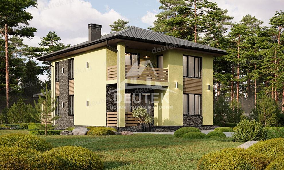 Проект двухэтажного дома с террасой и балконом из газобетонных блоков