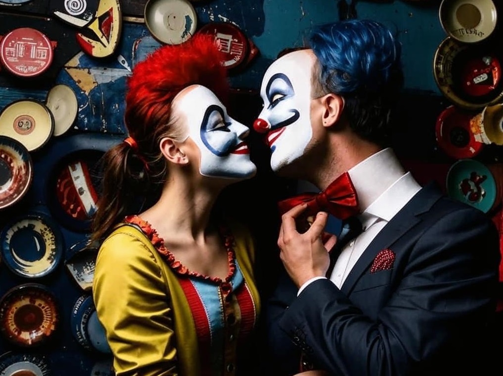 "Пара в масках клоунов, целующаяся на фоне разбитых тарелок" — символ лицемерия. 