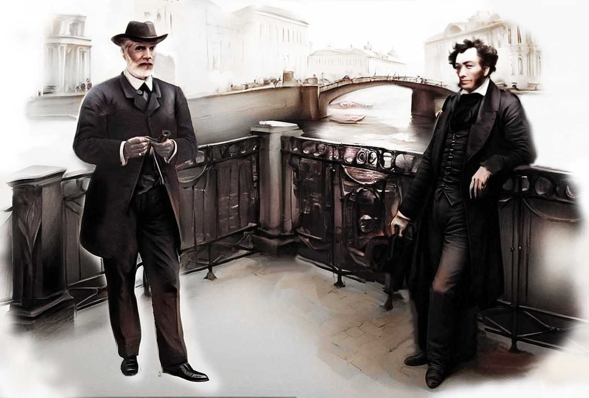 А.И. Сулакадзев и А.С. Пушкин в Санкт-Петербурге в 1828 году. Рисунок А. Асова.